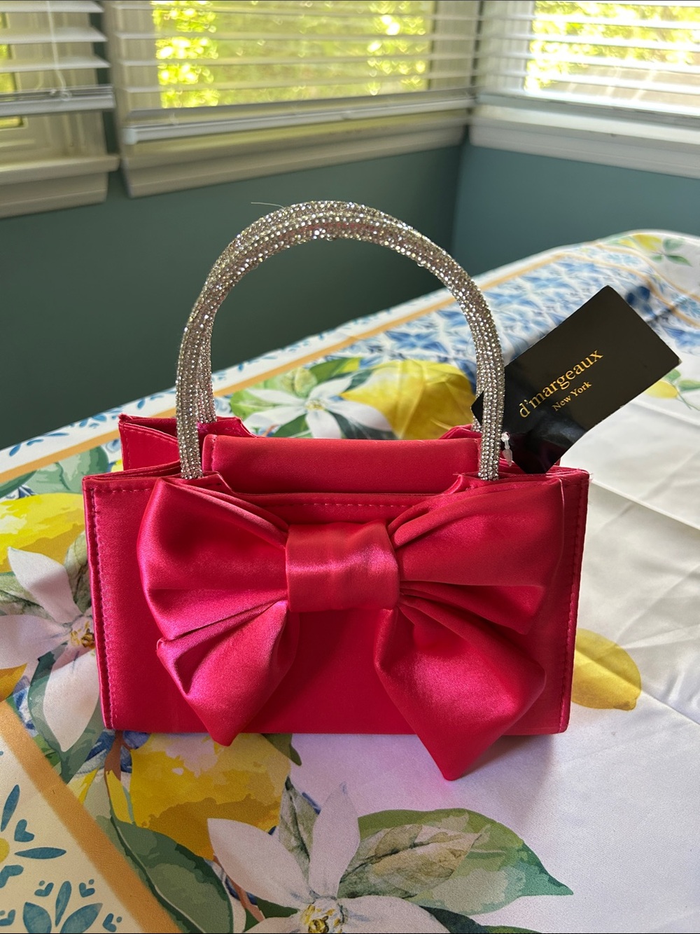 NEW WITH TAGS d'margeaux Hot Pink Satin Mini Bag with Crystal Handle and Bow